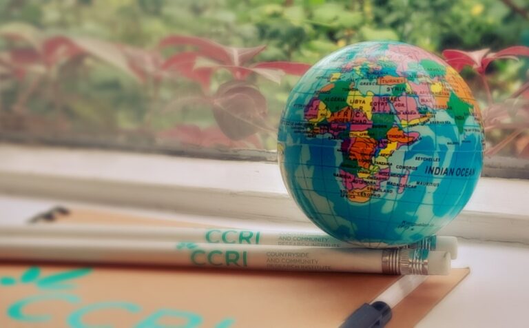 A blurred mini globe, pencils and book
