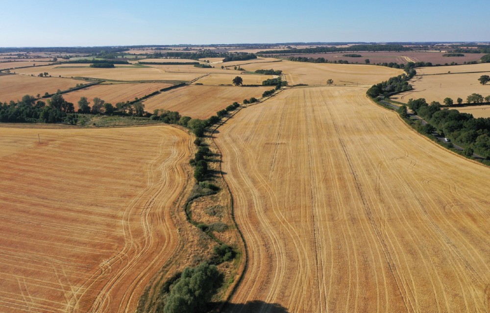 An aerial view of fields after they have been harvested