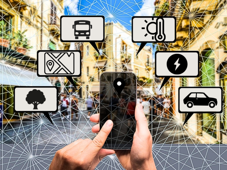 Smartphone on a city street connecting data